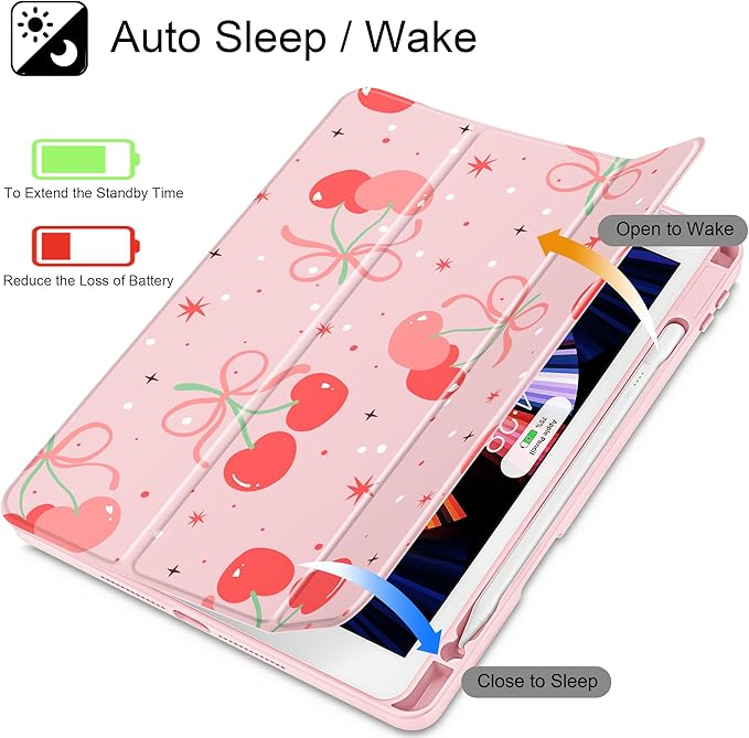 May Chen for iPad 9th Generation with Pencil Holder iPad 8th/7th Gen Case 10.2-inch [Penceil Holder] Trifold Stand Auto Wake/Sleep Clear TPU Protection Back Cover Coquette Cherry