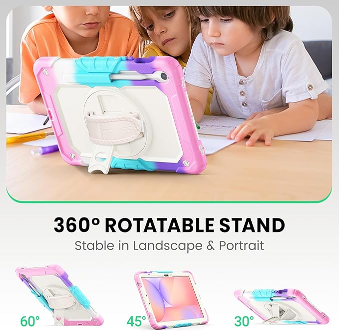 SEYMAC Case for Samsung Galaxy Tab S10 Lite/ S10 FE/ S9 FE/ S9 5G (10.9''/11'') Heavy Duty Shockproof Protective Case with Screen Protector Rotating Stand Hand Strap and Pen Holder Pink