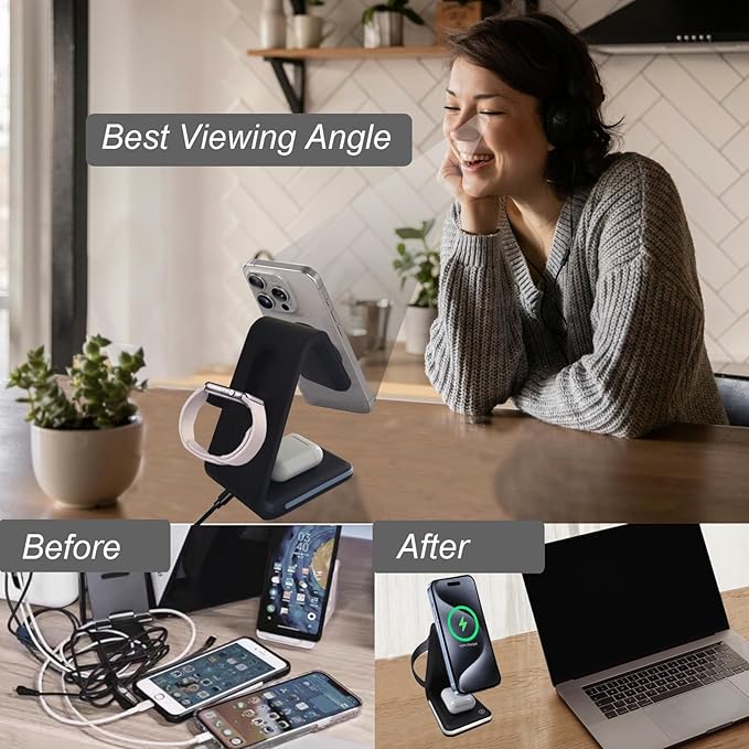 Magnetic Wireless Charger 3 in 1 Charging Station with Nightlight for Apple Magsafe iPhone 16/15/14/13/12 iWatch Series AirPods Charger Stand(15W Adapter)