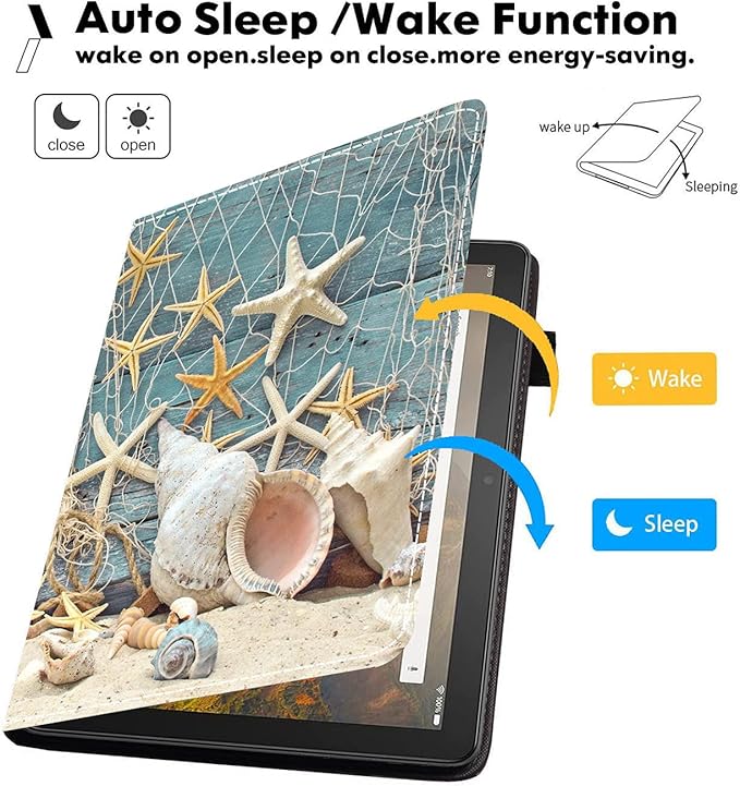 Case for Amazon Fire HD 10 &amp Fire HD 10 Plus Tablet (11th Generation 2021 Release) - Premium PU Leather Cover with Auto Sleep Wake Seashell Conch Starfish