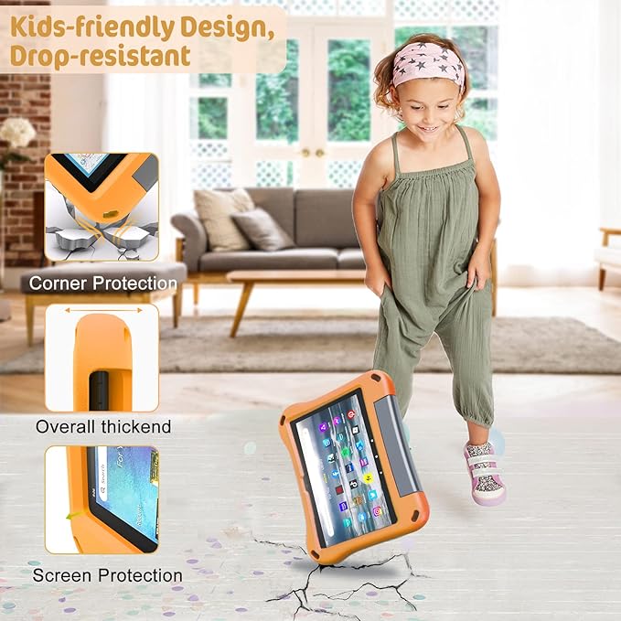 Tablet 8 inch Case Cover for KidsCompatible 2024/2022 8 Tablet CaseNot for iPad/Samsung/Onn/Andriod Tab - Auorld All-New Lightweit Shockproof EVA Case with Handle Stand for 8 inch Tablet-Orange
