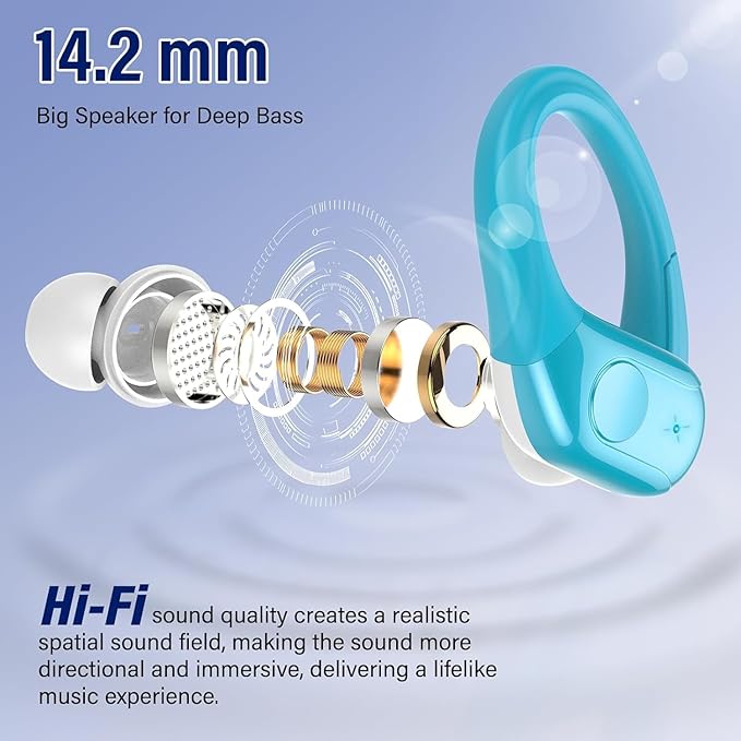 Wireless Earbuds Bluetooth 5.4 Headphones 75H Stereo Deep Bass Sports Over Ear Buds with Earhooks LED Display Bluetooth Earbuds with 4 ENC Mic IP7 Waterproof Earphone for Running Blue
