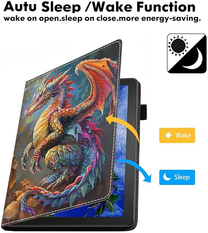 Case for Amazon Kindle Fire 7 Tablet (7 9th/7th Generation 2019/2017 Release) Slim PU Leather Cover with Card Slot &amp Auto Wake/Sleep Colorful Dragon