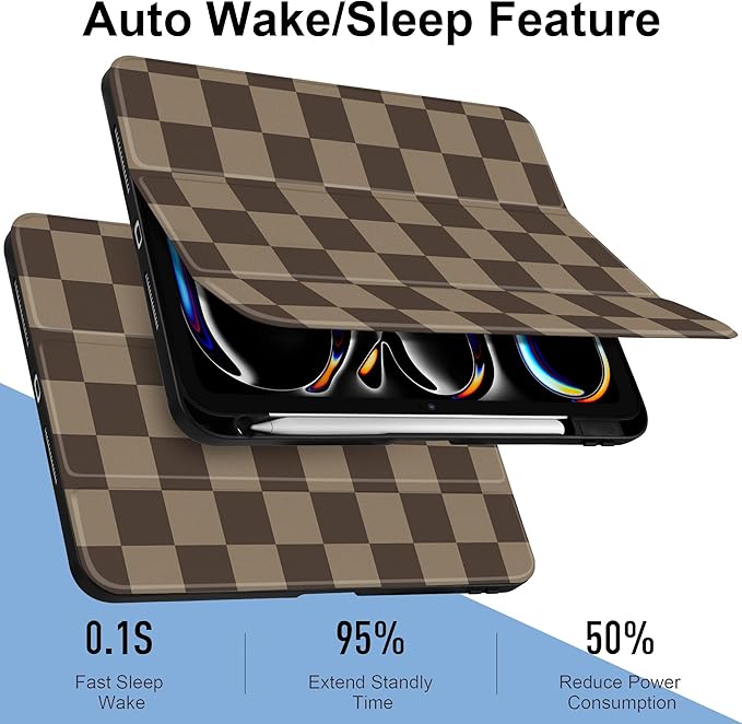 TWOLSKOO Case for iPad Pro 11-inch (M5 2025 / M4 2024) Clear Acrylic Back with TPU Bumper Pencil Holder Trifold Stand Auto Sleep/Wake Brown Checkerboard