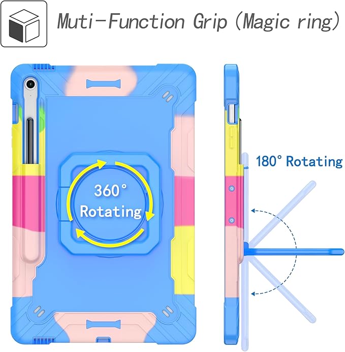 DETUOSI Case for Samsung Galaxy Tab S10 FE Plus 13.1 inch 2025 with Pencil Holder Heavy Duty Shockproof Case with Rotatable Stand &amp Shoulder Strap Camouflage Blue
