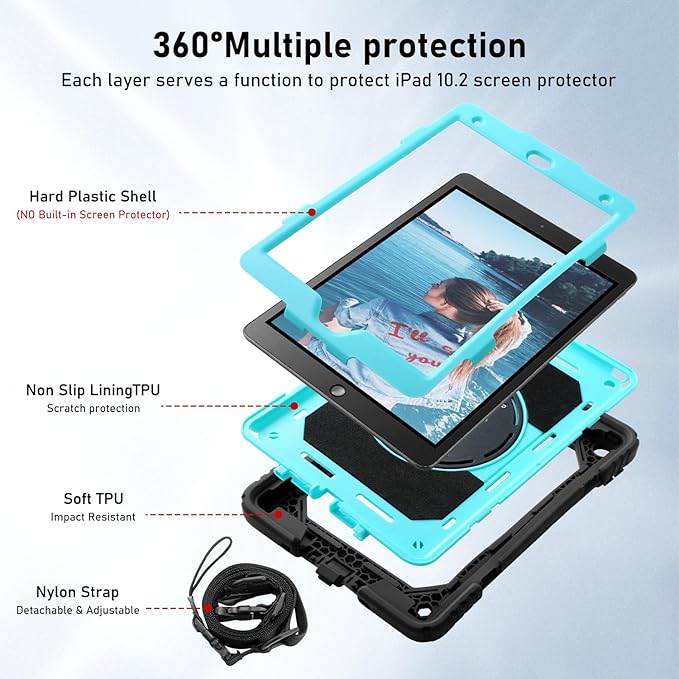 for iPad 9th/8th/7th Generation CaseiPad 10.2 Case 2021/2020/2019 with Cute Key Chain Rugged Protective Case with 360°Rotating Stand &amp Shoulder Hand Strap &amp Pen Slot for 10.2 Inch (Black+Aq