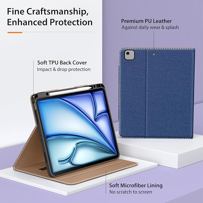 MoKo Case for iPad Air 13 Inch (M3 2025/M2 2024) &amp iPad Pro 12.9 2022/2021 with Pencil Holder Premium Leather Folio Stand Cover for iPad Air 13 Inch/iPad Pro 12.9 Inch 6th/5th GenDenim Blue &amp
