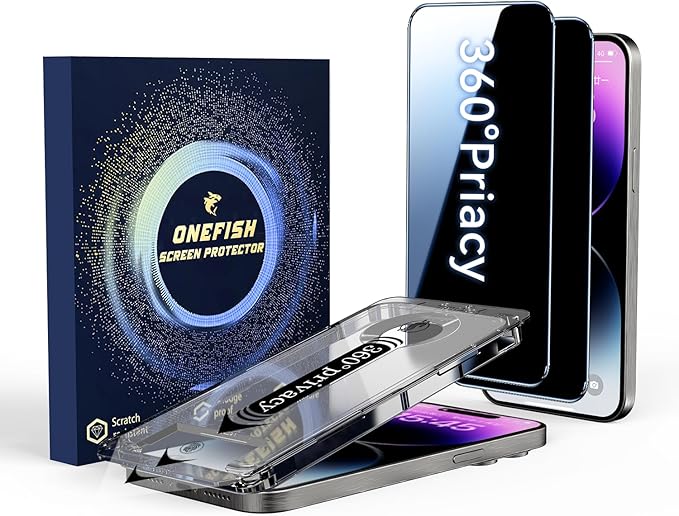 OneFish for iPhone 16 Pro Max Privacy Screen Protector 4-Way 360° Anti-Spy Tempered Glass 9H Hardness HD Clear Anti-Fingerprint 3D Curved Edges Case-Friendly &amp Easy Installation [2 Pack]