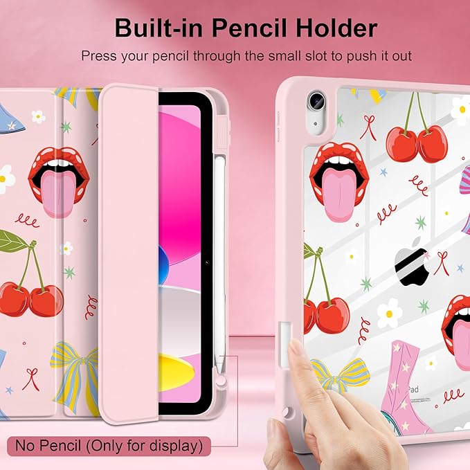 Case for iPad A16 11th Generation 11 inch 2025 iPad 10th Generation 10.9 inch 2022 -[Built-in Pencil Holder] Shockproof Clear Hard Back Trifold Stand Auto Wake/Sleep Cherry &amp Lip