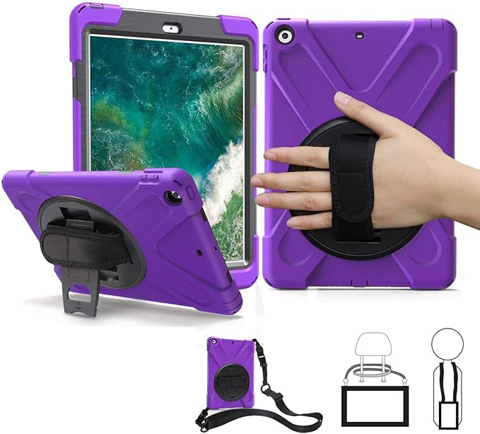 TSQ iPad Air 1st Generation Case 9.7 Inch for Kids 2013 | Three Layer Rugged Hybrid Hard Shockproof Sturdy Cover w/Rotatable Stand Hand Shoulder Strap Case for iPad Air 1 Gen A1474 A1475 Purple