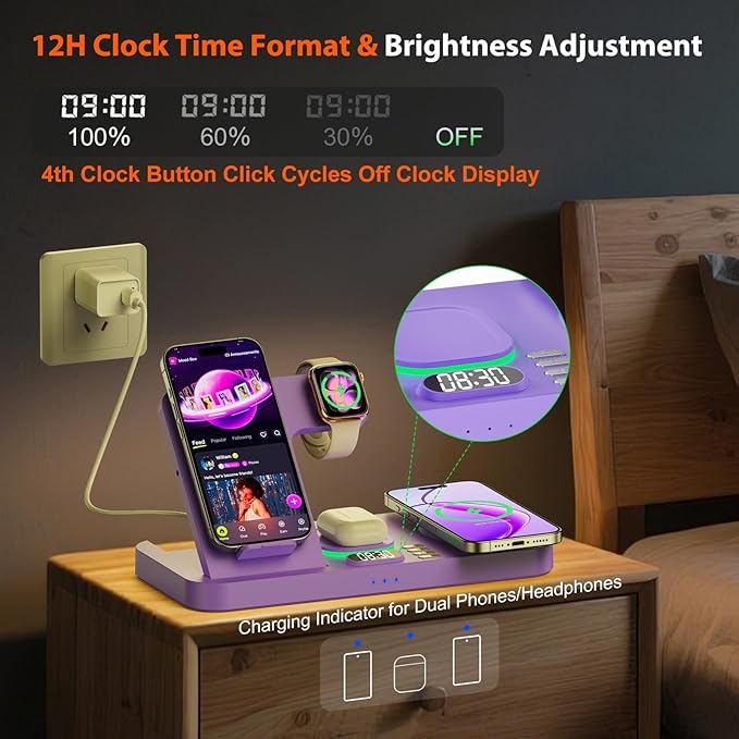 Dual Phone Magnetic Wireless Charging Station for Apple Ecosystem Wireless Charging Station for Apple Devices with Auto Switch 7-Color Light &amp Clockfor iPhone17for iwatch10 for AirPods Pro3（Pu