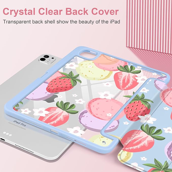 Case for iPad Pro 11 Inch (M5 2025 M4 2024) – [Built-in Pencil Holder] Shockproof &amp Stylish Clear Hard Back + Soft TPU Edge Magnetic Trifold Stand Auto Wake/Sleep Strawberry