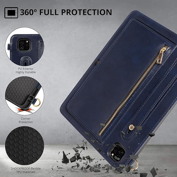 Dteck Case for iPad Air 13 inch M2 2024/iPad Pro 12.9 Case 6th/5th/4th/3rd Generation 2022/2021/2020/2018Premium PU Leather Shockproof Protective Case Zipper Pocket Strap Soft TPU CoverDarkblue