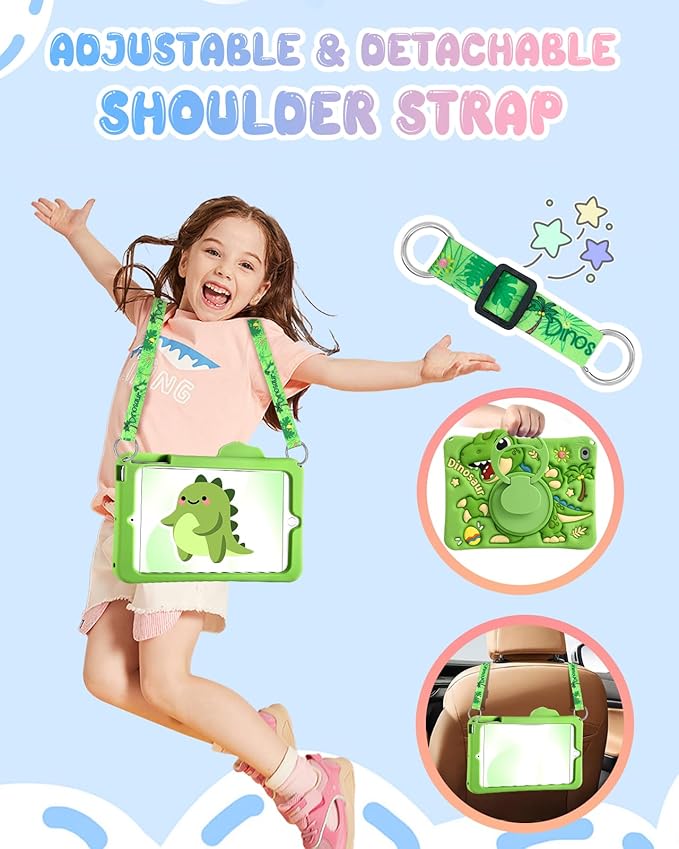 Boaretiu for iPad mini 5/4 Generation Case - Cute Cartoon with Shoulder Strap &amp Rotating Stand for Boys Girls Teens Soft Silicone for iPad mini 5th/4th Case Green Dinosaur