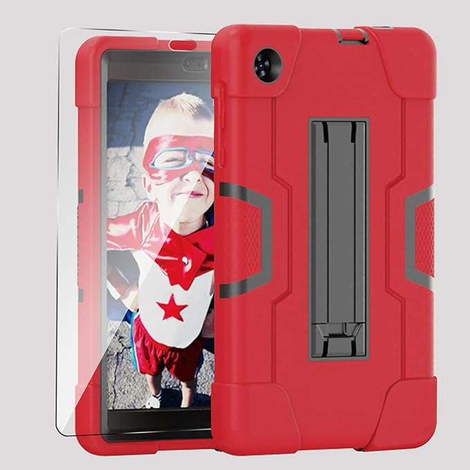 Case for for Alcatel Joy Tab 2 Tablet 8-inch 2020 Release (Model: 9032Z) - [Built-in Kickstand] Shockproof Silicone Protective Cover with Screen Protector (Red/Black/1 PC)