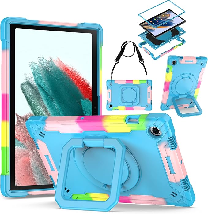 DETUOSI Case for Samsung Galaxy Tab A8 10.5 inch 2022 Galaxy Tab A8 Shockproof Case with 360°Rotatable Stand &amp Shoulder Strap Heavy Duty Case for SM-X200/X205/X207 Camouflage Blue