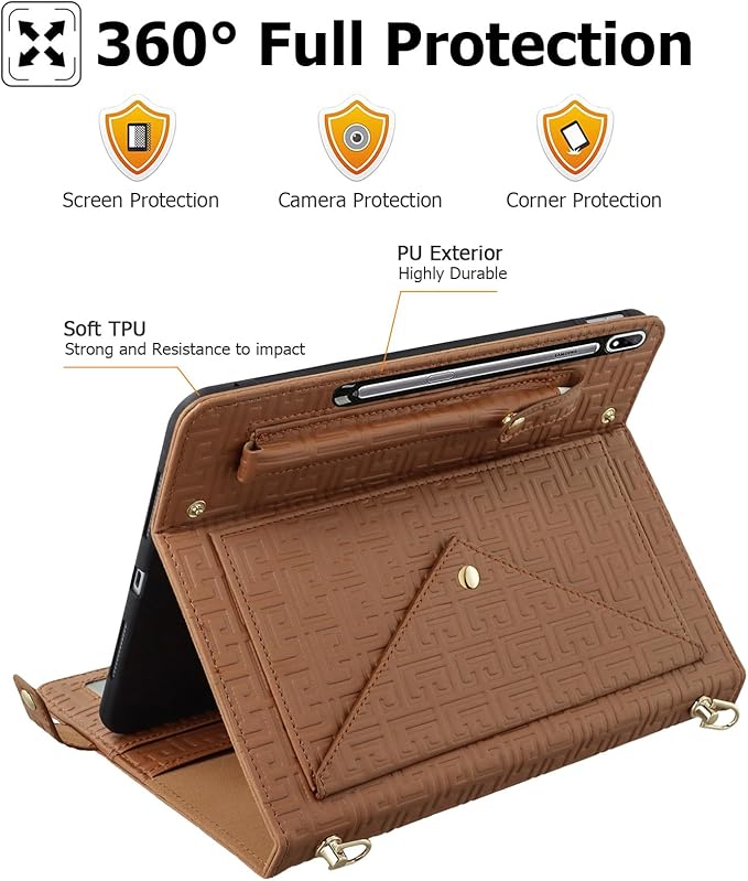 Dteck Galaxy Tab S10/S9/S8 14.6-inch Brown PU Leather Case with S Pen Holder Folio Stand Crossbody Shoulder Strap Card Pocket Magnetic Envelope