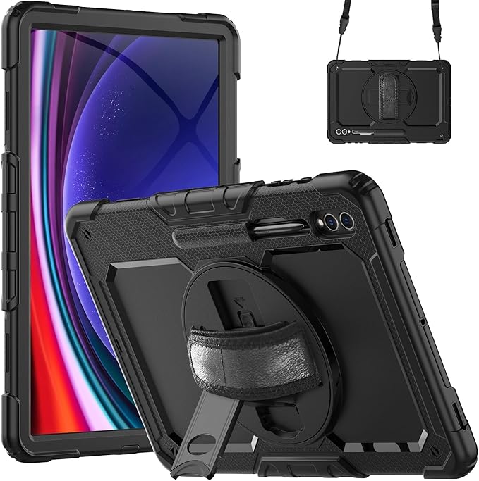 Case for Samsung Galaxy Tab S10 Ultra / S9 Ultra / S8 Ultra Case 14.6 inch with Screen Protector Hand Strap Shoulder Strap Rotating Stand and Pen Holder Black