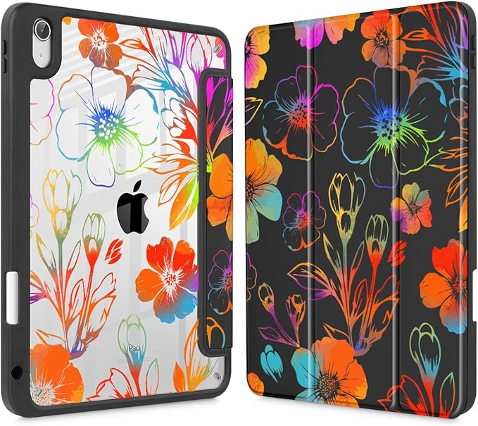 Tuiklol for 2025 iPad (A16 Chip) 11th Generation 11 inch/iPad 10th Generation 10.9 inch 2022 Case Buit in Pencil Holder with Clear Back Shell Cover Trifold Stand Auto Wake/SleepColor Flower Black