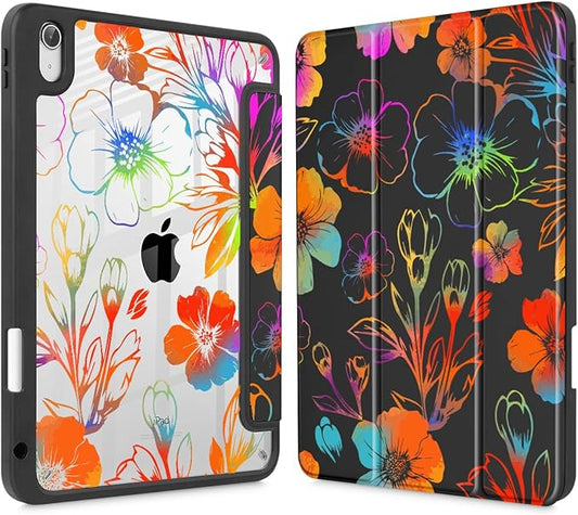 Tuiklol for 2025 iPad (A16 Chip) 11th Generation 11 inch/iPad 10th Generation 10.9 inch 2022 Case Buit in Pencil Holder with Clear Back Shell Cover Trifold Stand Auto Wake/SleepColor Flower Black