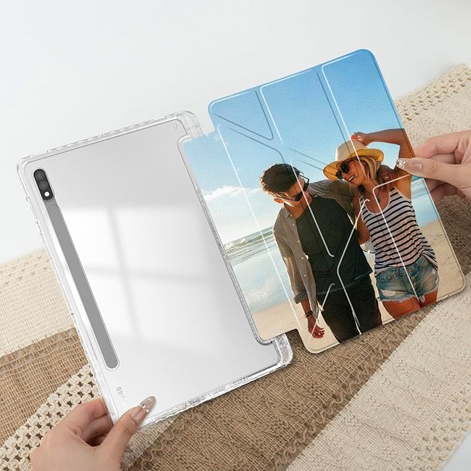 Custom Pictures Personalized Case for Samsung Galaxy Tab S7+/S7 Plus 12.4inch(2020) Built-in Pencil Holder Customized Photo Galaxy Tablet Case with Shockproof Protective Cover Clear PC Back Shell