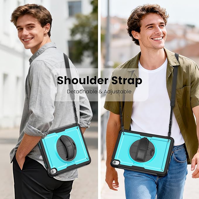Case for iPad (A16) 11th/10th Generation 11''/10.9'' 2025/2022: Shockproof Protective Case with Hand/Shoulder Strap Pencil Holder Rotate Stand Screen Protector Sky Blue