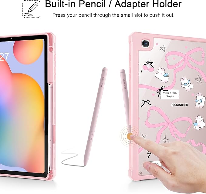 Mektron Case for Samsung Galaxy Tab S6 Lite 10.4 Inch 2024/2022/2020 with S Pen Holder Multi-Angle Viewing with Shockproof Cover Clear Shell + Trifold Stand + Auto Wake/Sleep Pink Bows-Rabbits