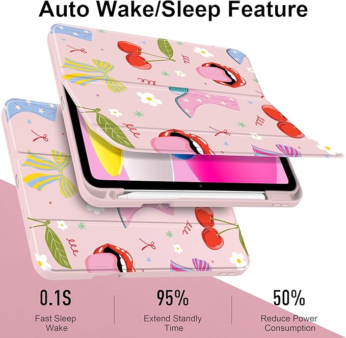 Case for iPad A16 11th Generation 11 inch 2025 iPad 10th Generation 10.9 inch 2022 -[Built-in Pencil Holder] Shockproof Clear Hard Back Trifold Stand Auto Wake/Sleep Cherry &amp Lip