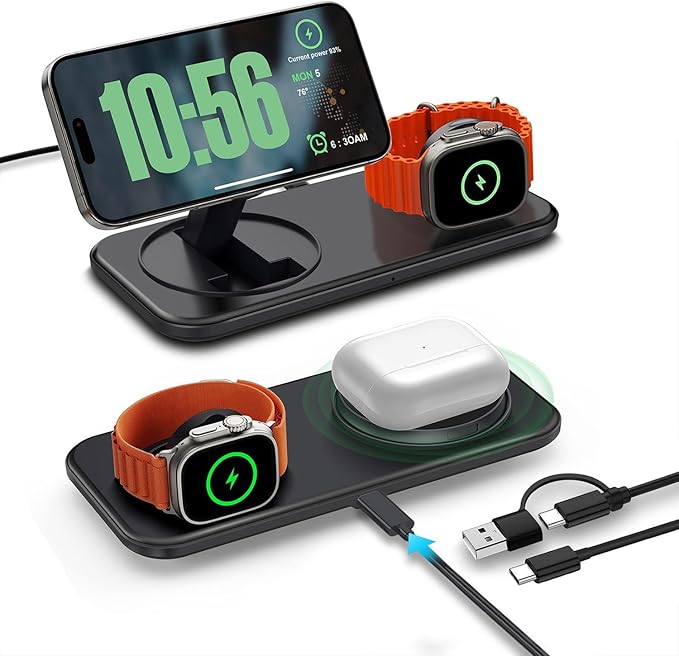 2 in 1 Wireless Charging Station for Mag-Safe Magnetic Wireless Charger Pad 15W Fast Charge for iPhone 17 Pro Max/17 Air/16/16 Plus/15/14/13/12AirPods Pro 3Apple Watch SeriesBlack