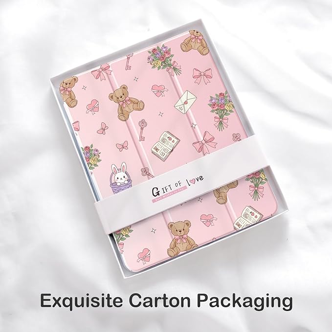 Cute Kawaii Bear Flower Bow for iPad 7th/8th/9th Generation Case 10.2 Inch 2019/2020/2021 with Pencil Holder Auto Sleep/Wake Pink Leather Acrylic Back Cover