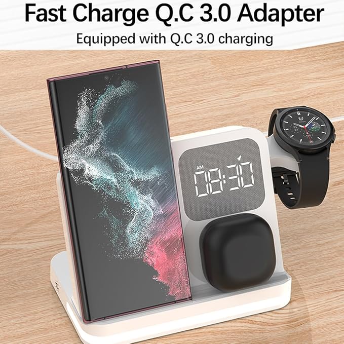 AYI 4in1 Multi Functional Wireless Charging Station with Digital Alarm Clock 15W Fast Charger Night Light Wireless Charger for All Qi Phone and Earbud Headphone Compliant with i-Watch-B22 White