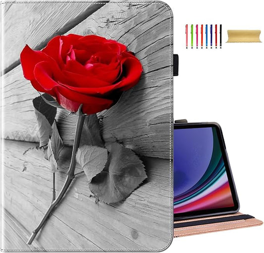 Dteck Case for Amazon Fire HD 10 Tablet (9th/7th/5th Generation2019/2017/2015 Release)PU Leather Stand Folio Case with Pen Holder Elastic Band Protective Auto Wake/Sleep Wallet CaseRed Rose