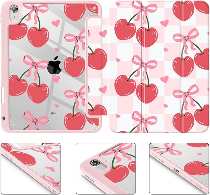 Mektron Case for 2026 iPad Air 13 inch M4 Cover Compatible 2025 iPad Air 13 inch M3 2024 iPad Air 13 inch M2 with Pencil Holder Shockproof Clear Shell Cherries Bows C353