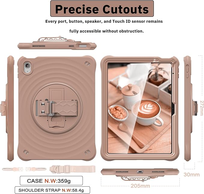 Case for iPad A16 11-inch (2025) &amp iPad 10th Gen 10.9-inch (2022) HD Screen Protector Strong Military-Grade Full-Body Shockproof Protection 360° Rotating Handle Strap &amp Shoulder StrapLatte