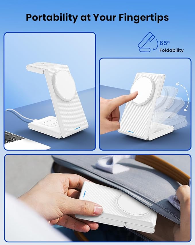 3 in 1 Wireless Charging Station Foldable Magnetic Wireless Charger Stand for Multiple Devices Wireless Charger for iPhone 16/15/14/13/12 Apple Watch 9/8/7/6/SE/5/4/3/2 AirPods 3/2/Pro