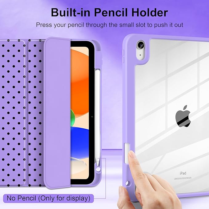 Case for iPad A16 11th Generation 11 inch 2025 iPad 10th Generation 10.9 inch 2022 -[Built-in Pencil Holder] Shockproof Clear Hard Back Trifold Stand Auto Wake/Sleep Purple Polka dot