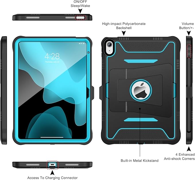 Soke Case for iPad (A16) 11th Generation 11-Inch 2025 /10th Generation 10.9-Inch 2022 with Screen Protector and Multi-Angle Kickstand Rugged Full Body Heavy Duty Protective Cover - Black CyanBlue