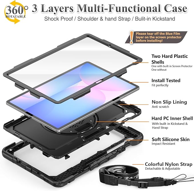 SEYMAC stock Case for Samsung Galaxy Tab S10 FE+ Plus 5G Tablet Case 13.1'' Protective with Screen Protector Pen Holder 360 Rotate Stand Hand Strap Shoulder Strap Black1