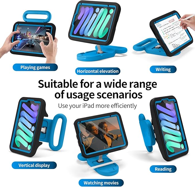 Kids Case for iPad mini 7 (A17 Pro) 2024 / iPad mini 6 2021 Adjustable Portrait/Landscape Stand Drop Proof Handle Kickstand Child Friendly with Screen Protector for iPad mini7th/6 8.3 inch (Black)