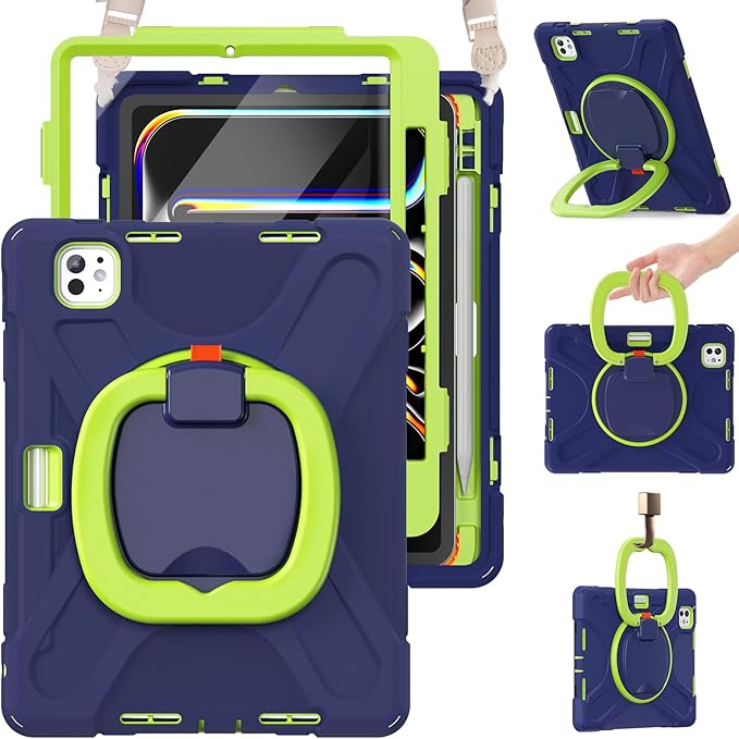 BRAECN for iPad Pro 11 Inch Case (M5/M4) 2025/2024 Shockproof Silicone Cover with Built-in Screen Protector Multiple Adjustable Viewing Angles Shoulder Strap Handle Grip Pencil Holder Navy Green