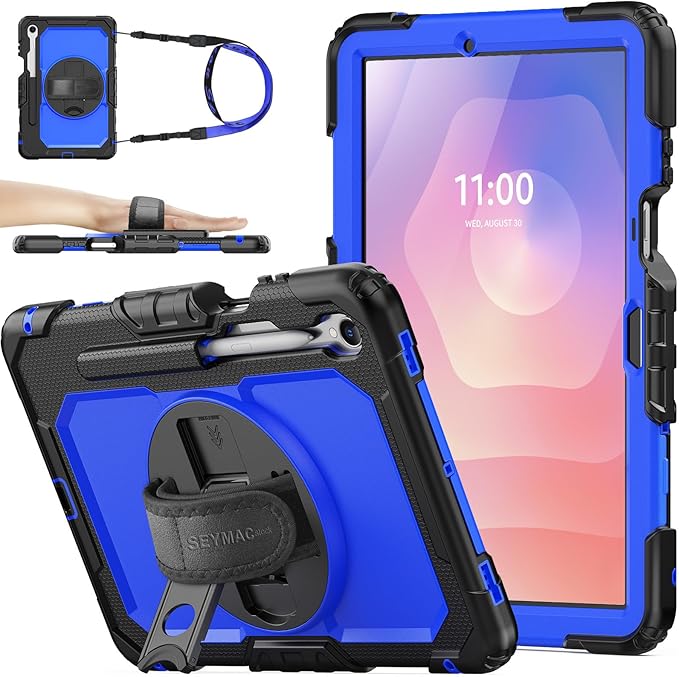 SEYMAC stock Case for Samsung Galaxy Tab S11 Tablet Case 11'' Protective with Screen Protector Pencil Holder 360 Degree Rotate Kickstand Hand Strap Shoulder Strap Blue