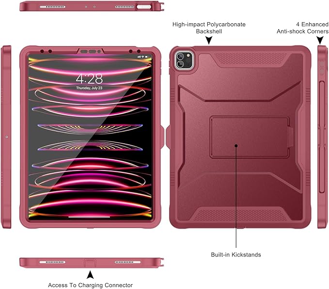 Soke Case for iPad Pro 12.9 Inch 6th/5th/4th Generation(2022/2021/2020 Release) Rugged Shockproof Protective Cover with Built-in Kickstand for Apple iPad Pro 12.9 - Dark Red