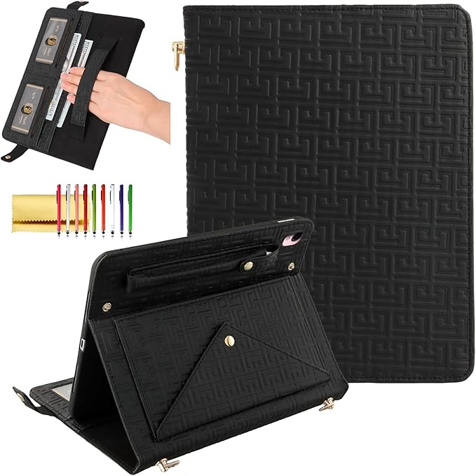 Dteck Handbag Case for iPad 9th/8th/7th Generation 2021/2020/2019 10.2 Inch with Pencil Holder Folio Stand PU Leather Crossbody Shoulder Hand Strap Card Pockets Magnetic Envelope Wallet CoverBlack