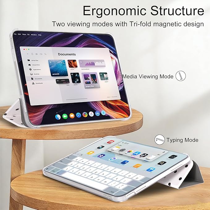 case for ipad 11th Generation11 Inch 2025 (A16 Chip) &amp 10th Gen 10.9 Inch 2022 - Slim Scratch-Resistant Hard PC Translucent Back Shell SmartCover Wake/Sleep Function White Black Polka dot