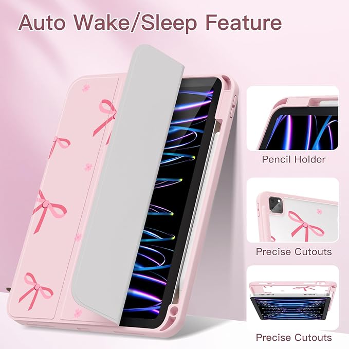 Teryeefi for iPad Air 11-Inch Case M4 (2026) / M3 (2025) / M2 (2024) iPad Air 4th/5th Generation iPad Pro 11 in 4th/3rd/2nd/1st - Clear Back Cover with Pencil Holder Auto Wake/Sleep (Pink Bows)