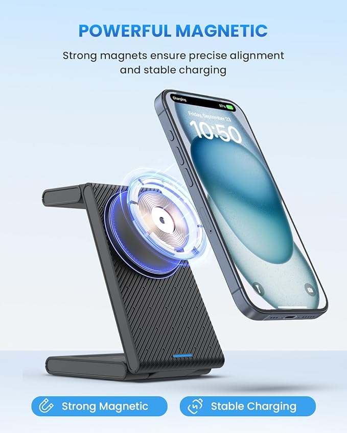 JoyGeek 3-in-1 Wireless Charging StationFoldable Travel Charger Stand for iPhone 15/14/13/12 Series Fast Magnetic Charging Dock for Apple Watch Ultra 2/9/8/7/6/SE/5/4/3/2AirPods Pro 3/2