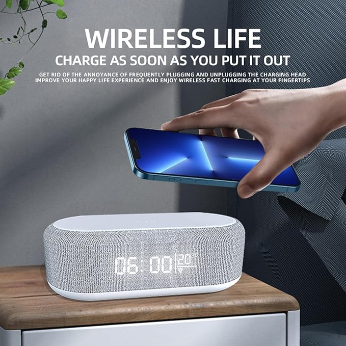 Wireless Charging Station 4 in 1 Wireless Charger with Digital Alarm Clock15W Power Multi Functional Fast Wireless Charging StationTemperature Display Night Light (White)