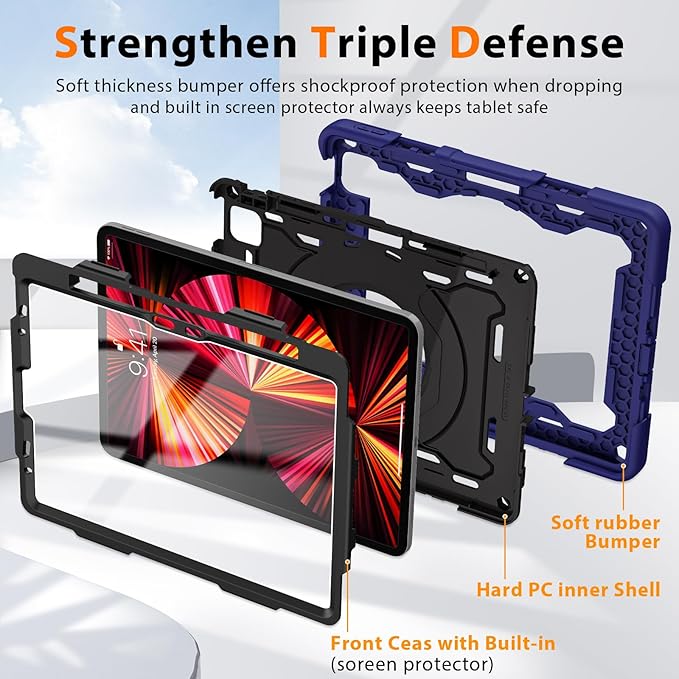 ROISKIN for iPad Air 11 inch M3/M2 Case iPad Pro 11 inch 4th/3rd/2nd/1st GenerationiPad Air 5th/4th 10.9 inch CaseHeavy Duty Shockproof with 360 Stand Handle Shoulder Strap Pen HolderKids Friendly