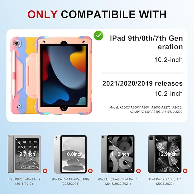 Case for iPad 9th Generation (2021) /iPad 8th Gen (2020)/iPad 7th Gen (2019) Military Grade Shockproof iPad Case Built-in 360°Rotating Stand/Pen Slot/Shoulder Strap for iPad 10.2 (Colorful)