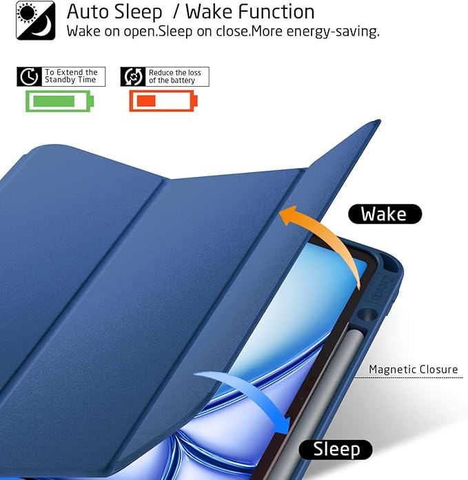ZtotopCases for iPad Pro 12.9 3rd Generation 2018 /iPad Air 13 Inch 2024/2025 Case with Pencil Holder Lightweight Slim Soft TPU Back Trifold Smart Cover with Auto Sleep/Wake Blue